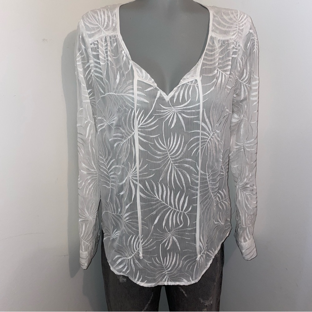 Saks Fifth AvenueTunic Blouse long sleeve sheer white floral embroidered medium
